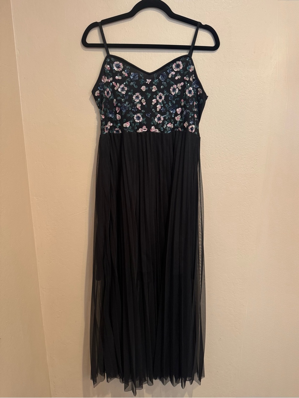 Black Sequin Maxi Dress with Floral Sequin Bust Spaghetti Straps and Sheer Drape